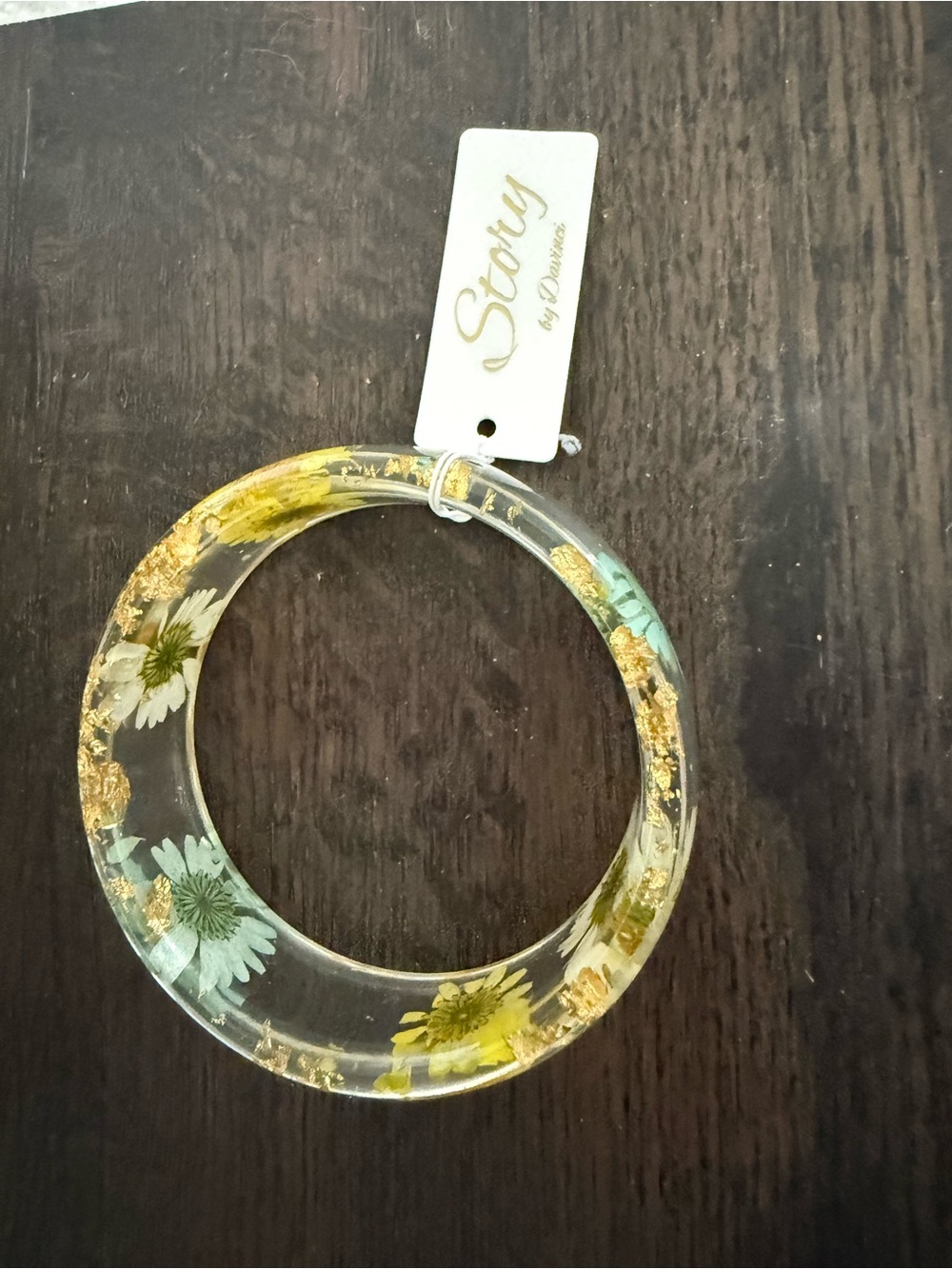 Clear Resin Bangle with Yellow & Green Floral Inlay